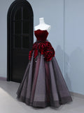 Modest Prom Dresses Aesthetic Ball Gown Strapless Burgundy Tulle Inspiration Style Impress With Flowers Long Party Formal Gown HZ0311