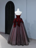 Modest Prom Dresses Aesthetic Ball Gown Strapless Burgundy Tulle Inspiration Style Impress With Flowers Long Party Formal Gown HZ0311