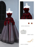 Modest Prom Dresses Aesthetic Ball Gown Strapless Burgundy Tulle Inspiration Style Impress With Flowers Long Party Formal Gown HZ0311