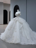 Princess Long Wedding Gowns Ball Gown Off The Shoulder Style for Bride With Short Sleeves Train White Bridal Dress HZ0311