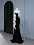 Modest Prom Dresses Aesthetic Mermaid Strapless Black Velvet Inspiration Style Impress With Flower Long Party Formal Gown HZ0311