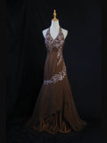Vintage Mermaid 80s Halter Brown Chiffon Beads Long Prom Dresses Inspo Birthday Outfit Formal Gowns HZ0311
