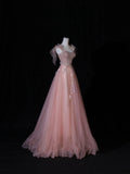 Modest Prom Dresses Aesthetic A Line Spaghetti Straps Pink Tulle Inspiration Impress Long Party Formal Gown For Teenagers High Schools HZ0311