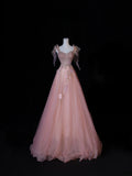 Modest Prom Dresses Aesthetic A Line Spaghetti Straps Pink Tulle Inspiration Impress Long Party Formal Gown For Teenagers High Schools HZ0311