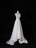 Simple Long Wedding Dresses A Line Strapless Silky Satin Style for Bride With Pleated Bodice Train White Fitted Bridal Dresses HZ0311