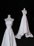 Simple Long Wedding Dresses A Line Strapless Silky Satin Style for Bride With Pleated Bodice Train White Fitted Bridal Dresses HZ0311