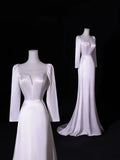 Simple Long Wedding Dresses A Line Square Neck Long Sleeves Silky Satin Style For Brides White Fitted Bridal Dresses HZ0311