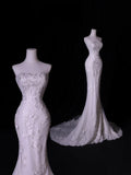 Classic Long Wedding Gowns Mermaid Strapless Style for Bride With Lace Tulle Bodice Train White Bridal Dress HZ0311