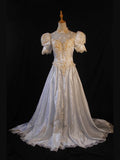 Women's Elegant High Neck Vintage With Sleeves Satin Wedding Dress for Bride Sweep Train Wedding Dresses HZ0311