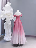 Chic A line Off The Shoulder Pink White Ombre Sequin Long Prom Formal Fancy Evening Dresses Dinner Outfits Classy Party Gowns HZ0311