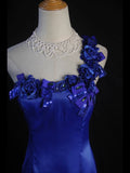 Retro 1950s Mermaid One Shoulder Royal Blue Satin With Flowers Slit Long Prom Dresses Inspo 22th Birthday Outfit Formal Dress HZ0311