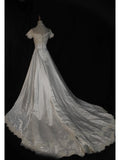 Retro 1950s Wedding Dresses for Bride Ball Gown V Neck With Short Beads Sleeves Lace Petite/Plus Size Bridal Gowns for Summer Wedding HZ0311