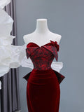 Chic Sheath Sweetheart Burgundy Velvet Long Prom Formal Fancy Evening Dresses Dinner Outfits Classy Party Gowns HZ0311