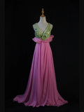Vintage A Line V Neck Green Tops Chiffon Pink 80s With Beaded Bodice Long Prom Dresses Inspo Birthday Outfit Formal Dress For Women HZ0311