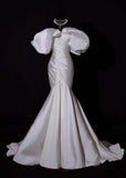Classic Long Wedding Gowns Mermaid Off The Shoulder Satin Style for Bride With Pleated Bodice Train White Bridal Dress HZ0311