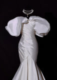 Classic Long Wedding Gowns Mermaid Off The Shoulder Satin Style for Bride With Pleated Bodice Train White Bridal Dress HZ0311