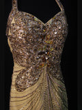 Vintage Mermaid Halter Gold Chiffon Backless 70s With Beads Long Prom Max Dresses Inspo 18th Birthday Outfit Formal Dress For Women HZ0311
