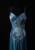 Vintage A Line Spaghetti Straps Blue Satin 70s With Beads Prom Max Dresses Inspo 18th Birthday Outfit Formal Dress For Women HZ0311