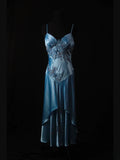 Vintage A Line Spaghetti Straps Blue Satin 70s With Beads Prom Max Dresses Inspo 18th Birthday Outfit Formal Dress For Women HZ0311