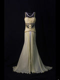 Retro 1950s Mermaid Straps Yellow Chiffon With Silver Beads Long Prom Dresses Inspo 22th Birthday Outfit Formal Dress HZ0311