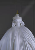 Princess Long Wedding Gowns Ball Gown Strapless Short Sleeves Satin for Bride With Sleeves Pleated Train White Bridal Dress HZ0311