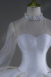 Princess Long Wedding Gowns Ball Gown High Neck Long Sleeves Pleated Satin for Bride With Train White Bridal Dress HZ0311