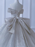 Modest Long Wedding Dresses Ball Gown Off The Shoulder Sequin Style For Bride With Pleated Bodice Train Bridal Dresses HZ0311
