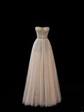 Elegant A line Strapless Champagne Tulle Lace Long Formal Fancy Evening Dresses Dinner Outfits Classy Party Gowns HZ0311