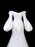 Timeless Women's Mermaid Off The Shoulder Long Sleeves White Satin With Beads Fitted Long Vintage 1920s Wedding Dresses HZ0311