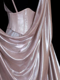 Chic Formal Mermaid Spaghetti Strap Pink Satin With Slit Cape Style Impress Long Prom Dresses Party Gowns HZ0311