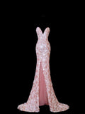 Elegant Mermaid Sweetheart Pink Sequins With Slit Long Formal Fancy Evening Dresses Dinner Outfits Classy Party Gowns HZ0311