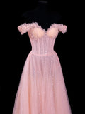Elegant A line Off The Shoulder Pink Tulle Long Formal Fancy Evening Dresses Dinner Outfits Classy Party Gowns HZ0311