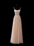 Elegant A line Spaghetti Straps Champagne Tulle Long Formal Fancy Evening Dresses Dinner Outfits Classy Party Gowns HZ0311
