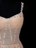 Elegant A line Spaghetti Straps Champagne Tulle Long Formal Fancy Evening Dresses Dinner Outfits Classy Party Gowns HZ0311