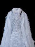 Timeless Women's Mermaid Off The Shoulder Long Sleeves Light Sky Blue With Beads Fitted Long Vintage 1920s Wedding Dresses HZ0311