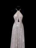 Chic A line Halter Champagne Sequin Long Prom Formal Fancy Evening Dresses Dinner Outfits Classy Party Gowns HZ0311