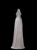 Chic A line Halter Champagne Sequin Long Prom Formal Fancy Evening Dresses Dinner Outfits Classy Party Gowns HZ0311