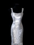 Chic Sheath Square Neck Silver Sequin Long Prom Formal Fancy Evening Dresses Dinner Outfits Classy Party Gowns HZ0311