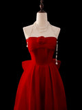 Modest A Line Strapless Red Chiffon With Flower Top Prom Dresses Long Party Dress 20th Birthday Outfits Graduation Dress HZ0311