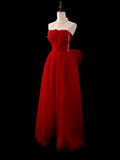 Modest A Line Strapless Red Chiffon With Flower Top Prom Dresses Long Party Dress 20th Birthday Outfits Graduation Dress HZ0311