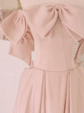 Modest A Line Strapless Blush Pink Satin With Bow Top Prom Dresses Long Party Dress 20th Birthday Outfits Graduation Dress HZ0311