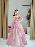 Pretty Ball Gown Strapless Pink Floor Length Tulle Flowers Prom Dresses Formal Dress Birthday Outfits Prom Gown HZ0311