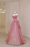 Pretty Ball Gown Strapless Pink Floor Length Tulle Flowers Prom Dresses Formal Dress Birthday Outfits Prom Gown HZ0311