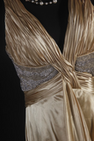 Vintage Prom Dresses 1950s Retro Classy A Line V Neck Gold Satin Backless Inspo Long Prom Gown HZ0311