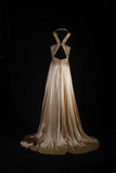 Vintage Prom Dresses 1950s Retro Classy A Line V Neck Gold Satin Backless Inspo Long Prom Gown HZ0311