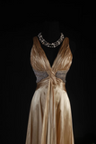Vintage Prom Dresses 1950s Retro Classy A Line V Neck Gold Satin Backless Inspo Long Prom Gown HZ0311