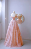 Modest Ball Gown Off The Shoulder Blush Pink Sequin Prom Dresses Long Party Dress 21st Birthday Outfits Graduation Dress HZ0311