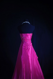 Retro Prom Dresses Ball Gown Strapless Fuchsia Satin With Appliqued Lace Vintage Long Prom Dresses Party Gowns HZ0311