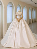 Luxury Women's Ball Gown Off The Shoulder With Beaded Appliqued White Satin Sweep Train Wedding Dresses HZ0311