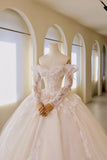 Luxury Women's Ball Gown Off The Shoulder With Appliqued Long Sleeves White Tulle Sweep Train Wedding Dresses HZ0311